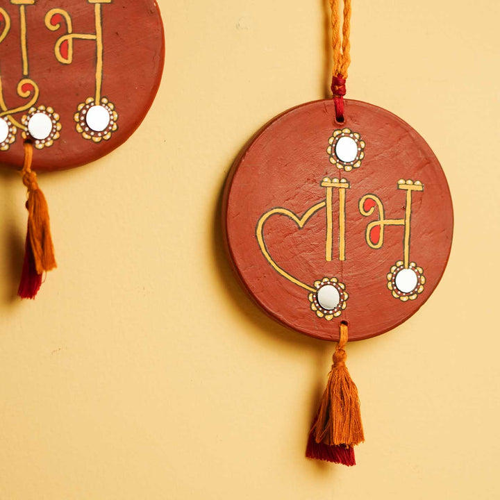 2 Pc | Handmade Brown Shubh - Labh Terracotta Hanging