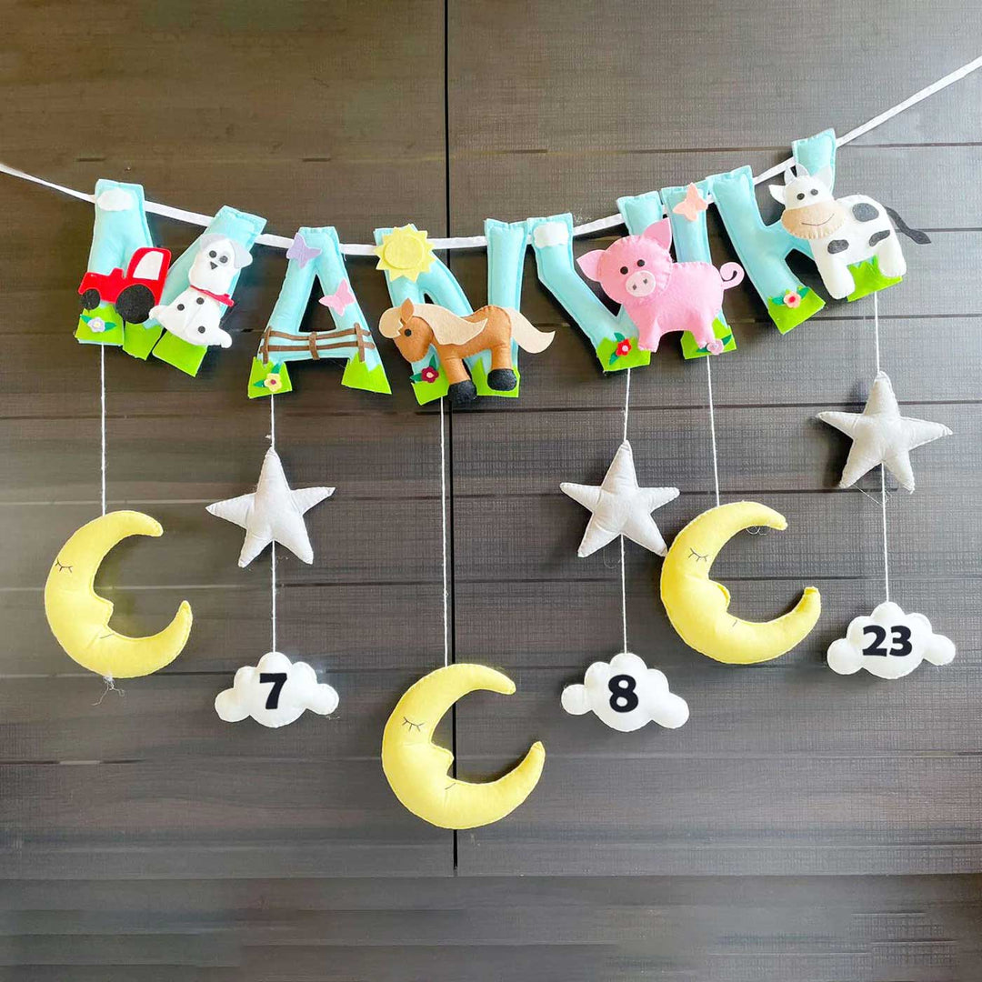 Personalized Felt Kids Farm Animal Themed Bunting With Hangings - Hanging Nursery Mobile and Name Banner