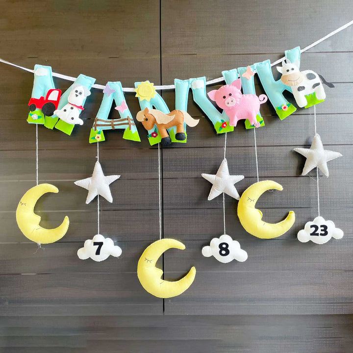 Personalized Felt Kids Farm Animal Themed Bunting With Hangings - Hanging Nursery Mobile and Name Banner