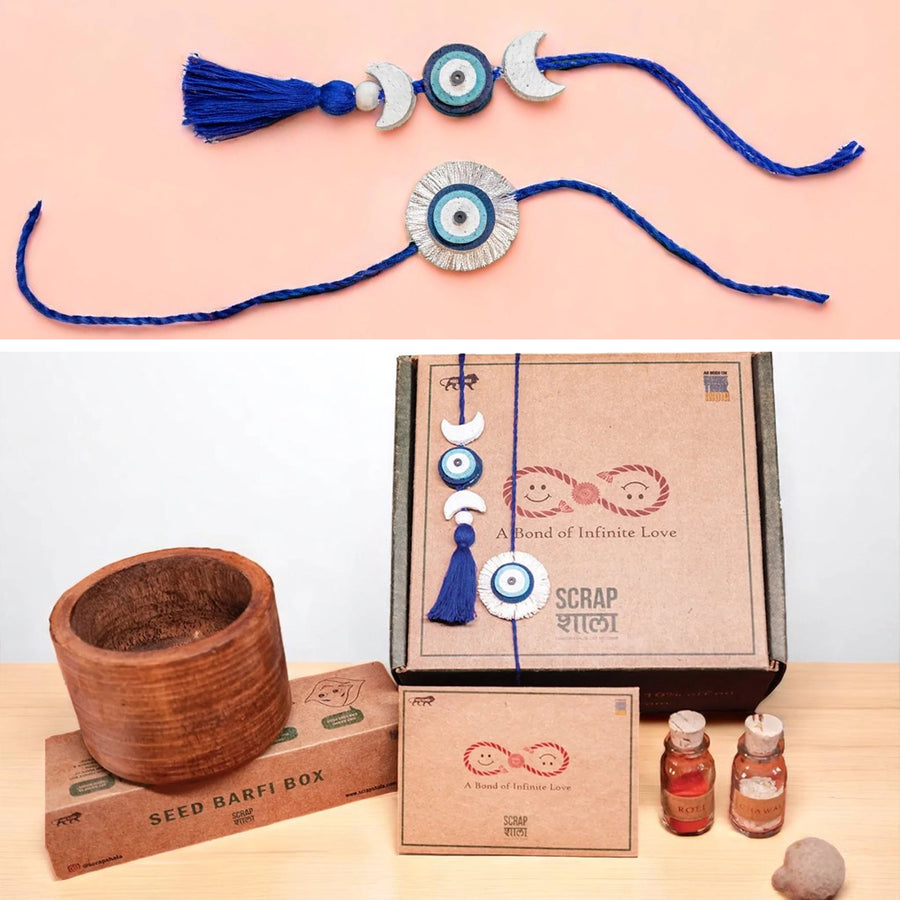 Nazarbattu Plantable Handmade Cork Rakhi Hamper With Roli Chawal 1 - Close-up of two rakhis