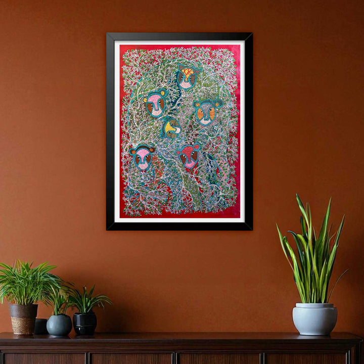 24 x 36 Inch | Lions In The Trees | Original Hand Painted Tribal Gond Art Painting | Acrylic Paints On Paper