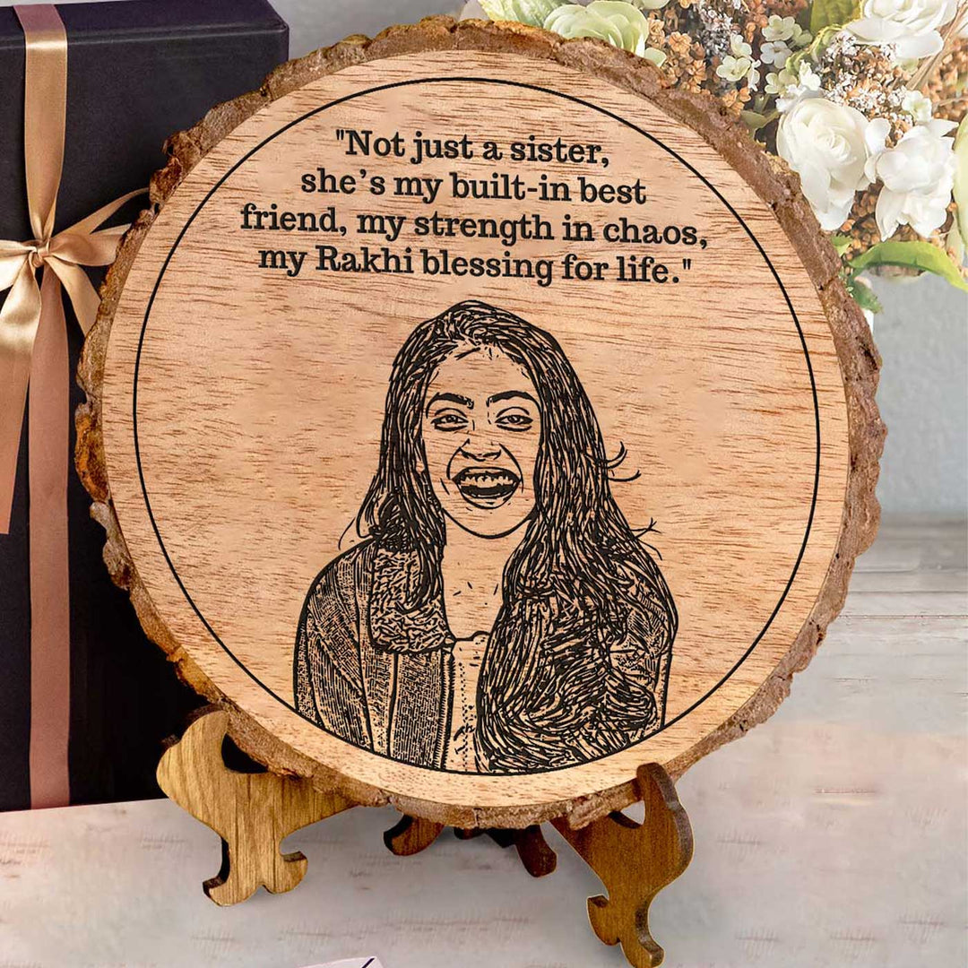 Photo Personalized Engraved Sis Theme Wooden Decorative Plaque Rakhi Hamper | Includes 1 Plaque, 1 Chocolate & 1 Card