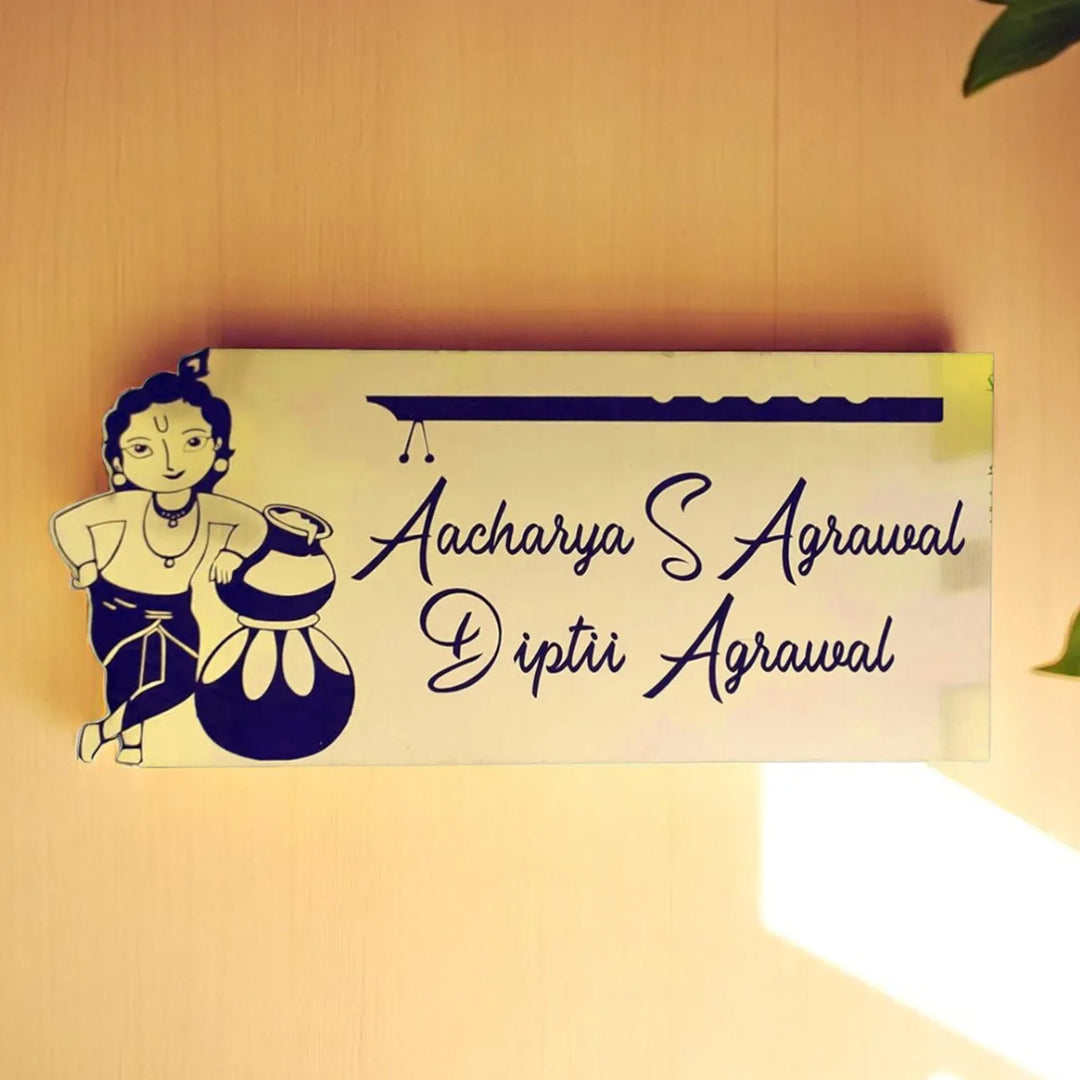 Personalized Krishna Theme Stainless Steel Name Plate