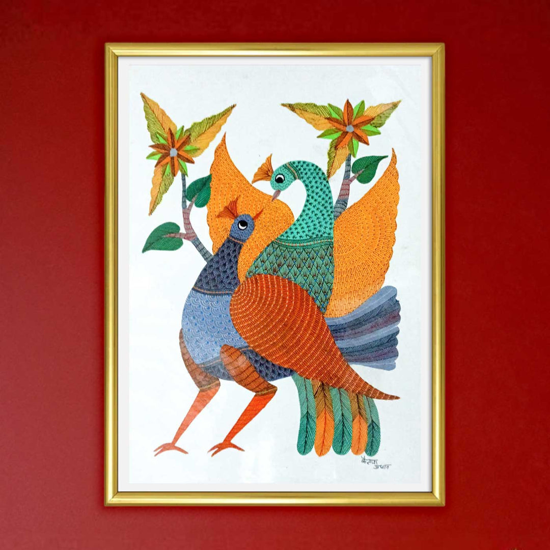 11 x 15 Inch | Peacock Couple | Original Hand painted Tribal Gond Art Painting | Acrylic Paints On Paper