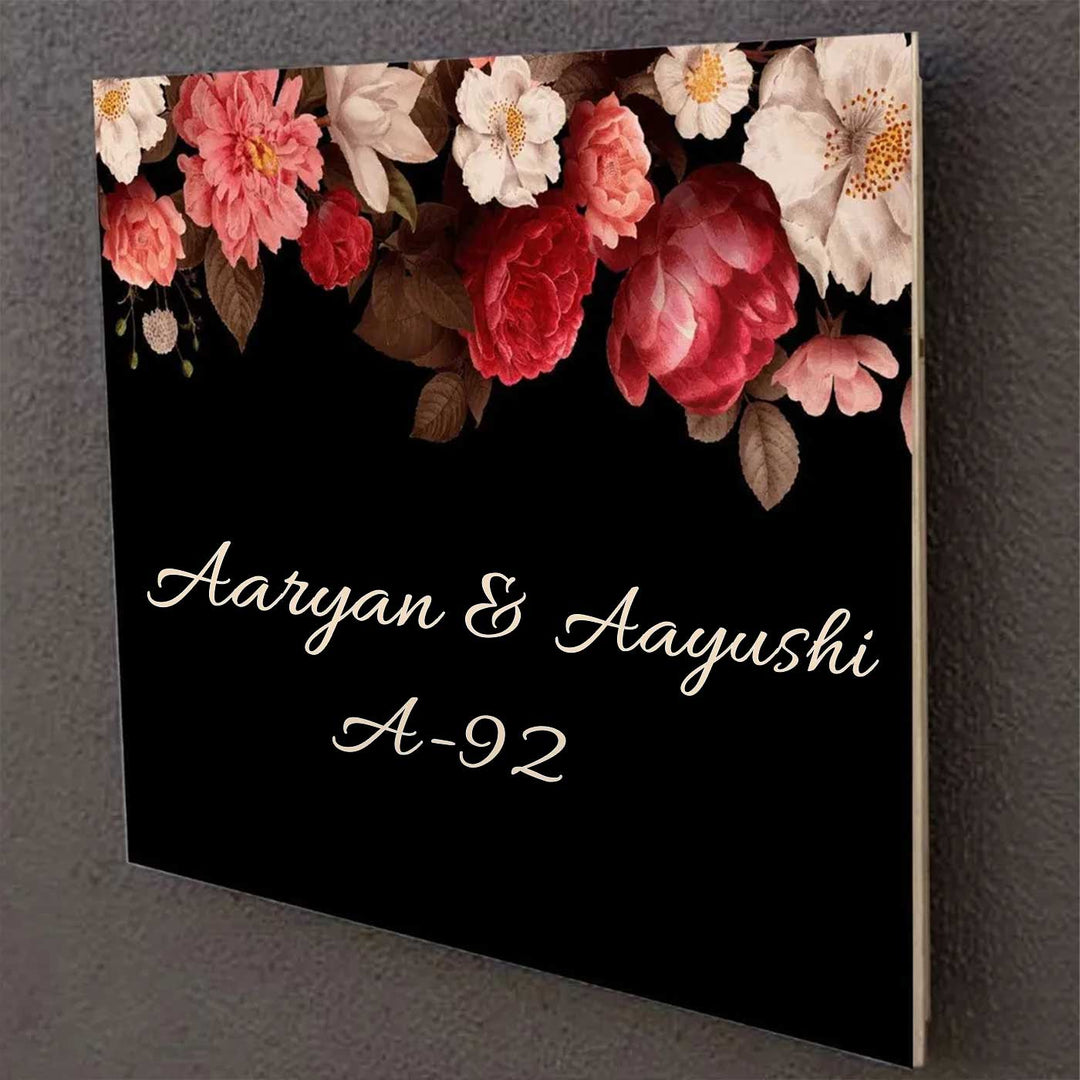 Printed Black Floral Wooden Rectangle Nameplate - Side View with Name Personalization