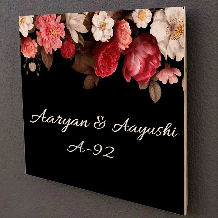 Printed Black Floral Wooden Rectangle Nameplate - Side View with Name Personalization