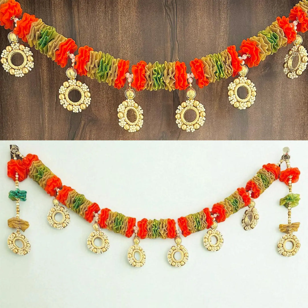 40 / 44 In | Handmade Orange & Green Tissue Flower Toran With Side Hangings