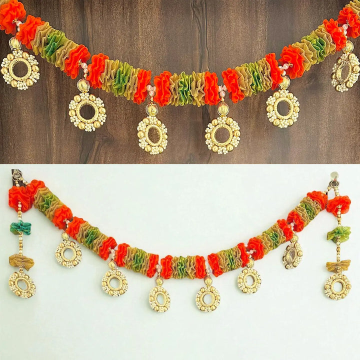 40 / 44 In | Handmade Orange & Green Tissue Flower Toran With Side Hangings