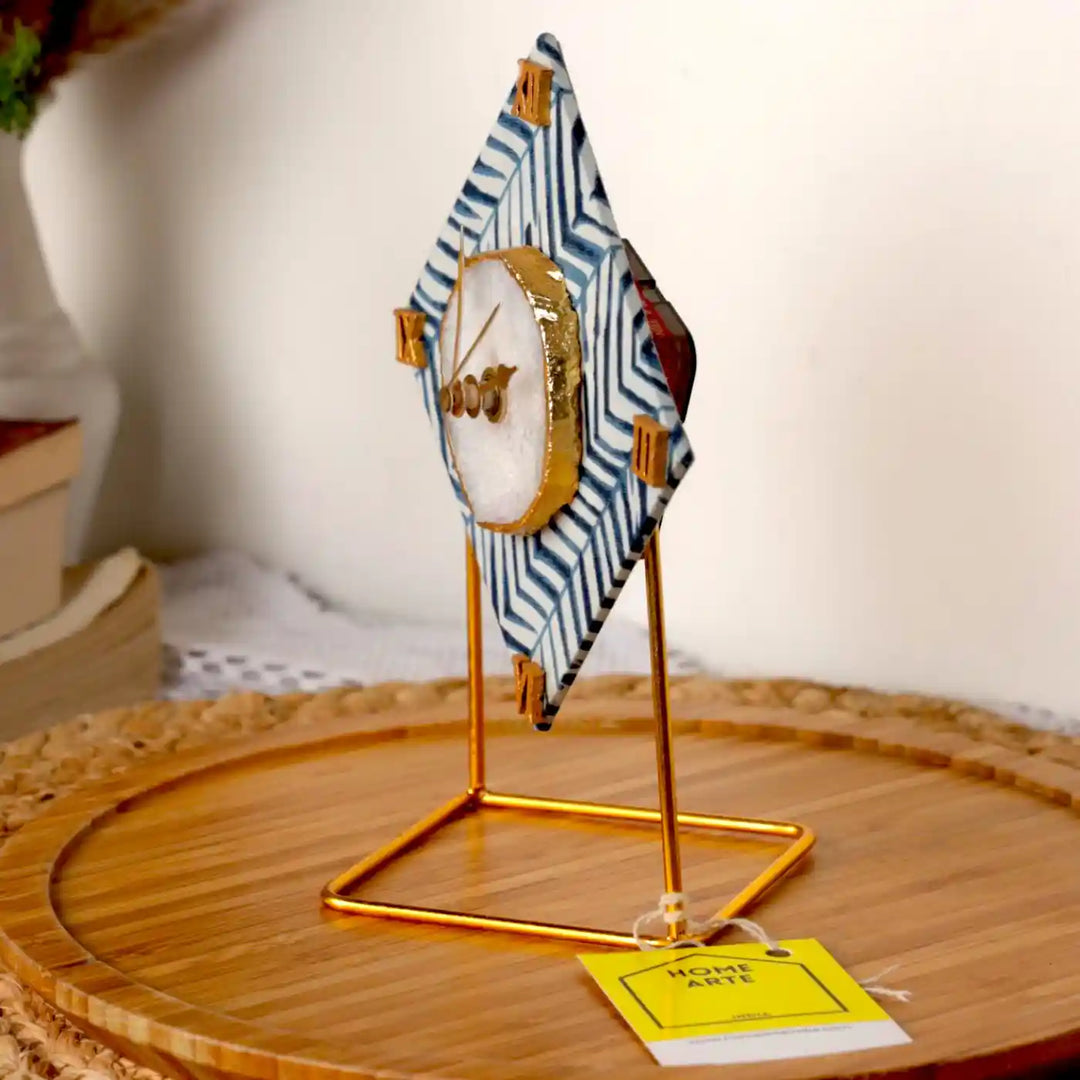 Blue Diamond Cotton Fabric Coated MDF Desk Clock With Agate Accent | 6 x 4 x 3.5 inch