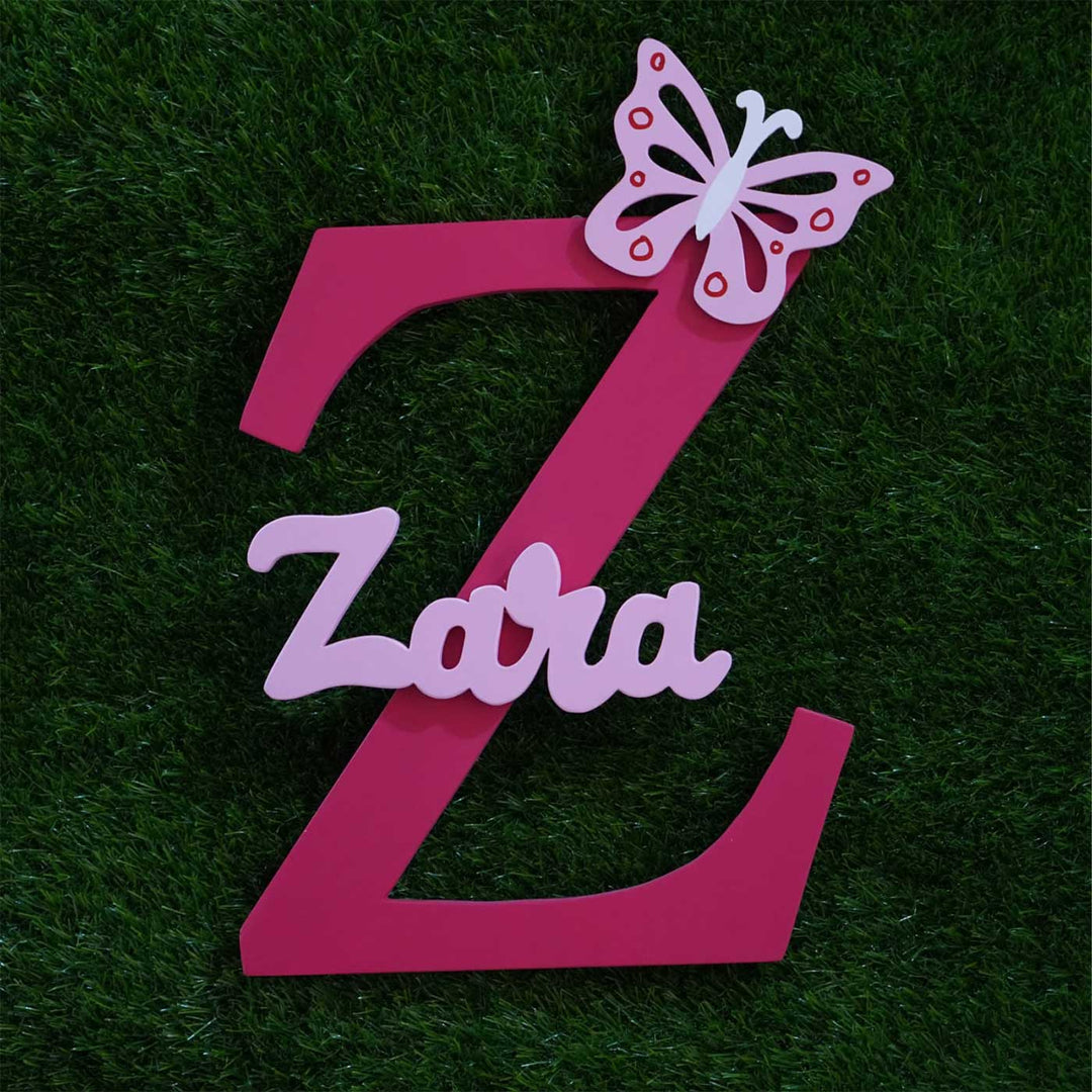 Personalized Mdf Wood Kids Monogram Name Plate - Flat Lay on Grass Background