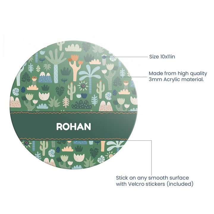 Personalized Nature And I Theme Acrylic Kids Name Plate - Front View with Text Annotations