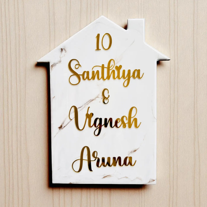 White Minimal Personalized Marble Effect House Shape Resin Name Plate | With 3D Acrylic Letters