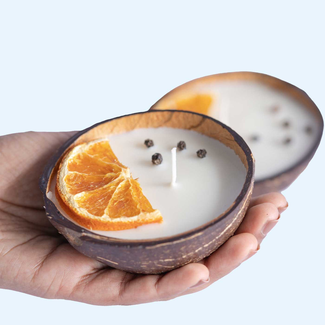 Eco-friendly Handmade Orange & Pepper Scented Coconut Shell Candle | Set Of 2