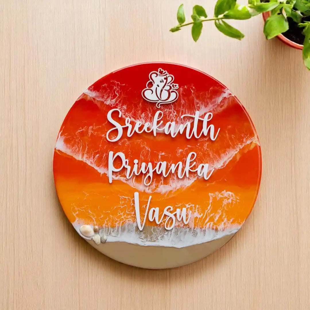 Orange Personalized Ocean Effect Round Resin Name Plate | With 3D Acrylic Letters