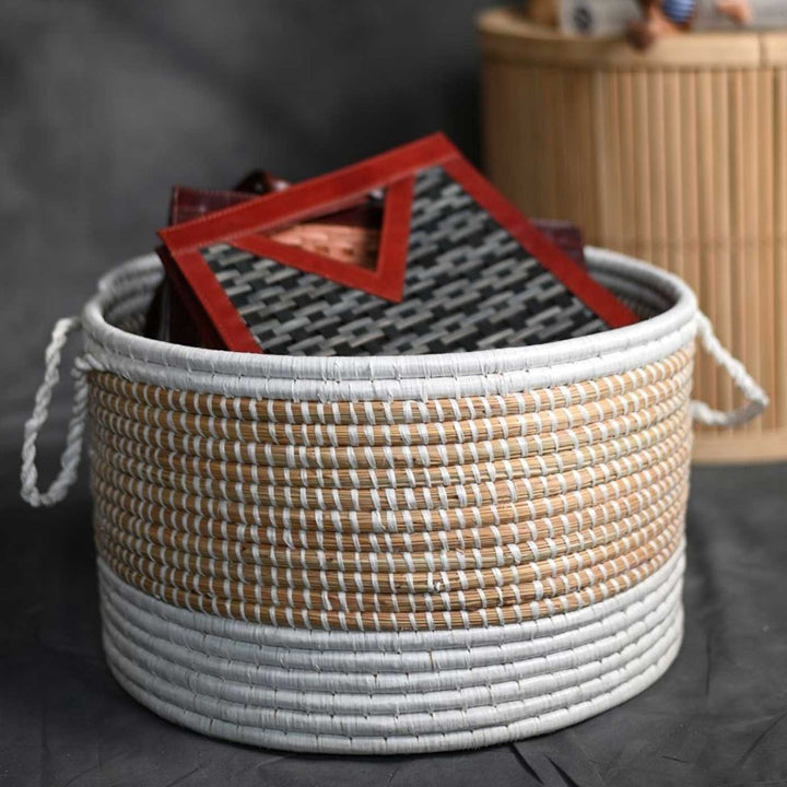 Handmade Ecofriendly Grass Woven White Base Moonj Storage Basket