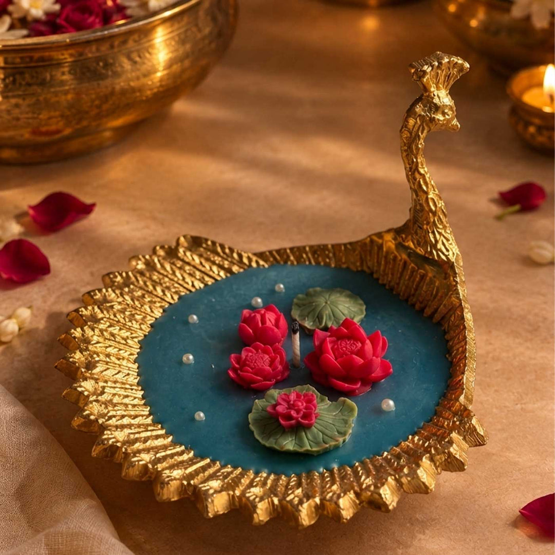 Handmade Peacock Lotus Pond Blue Soy Wax Urli Candle With Mogra Fragrance For Festive Decor