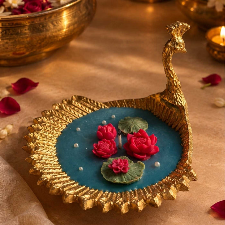 Handmade Peacock Lotus Pond Blue Soy Wax Urli Candle With Mogra Fragrance For Festive Decor