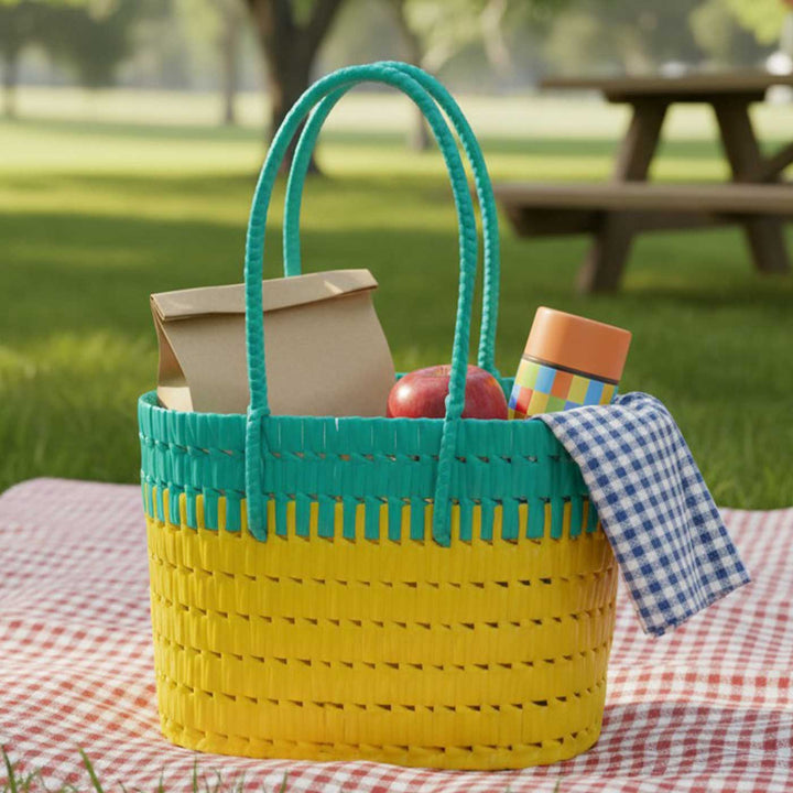 Handmade Traditional Plastic Tape Wire Teal And Yellow Koodai Lunch Bag