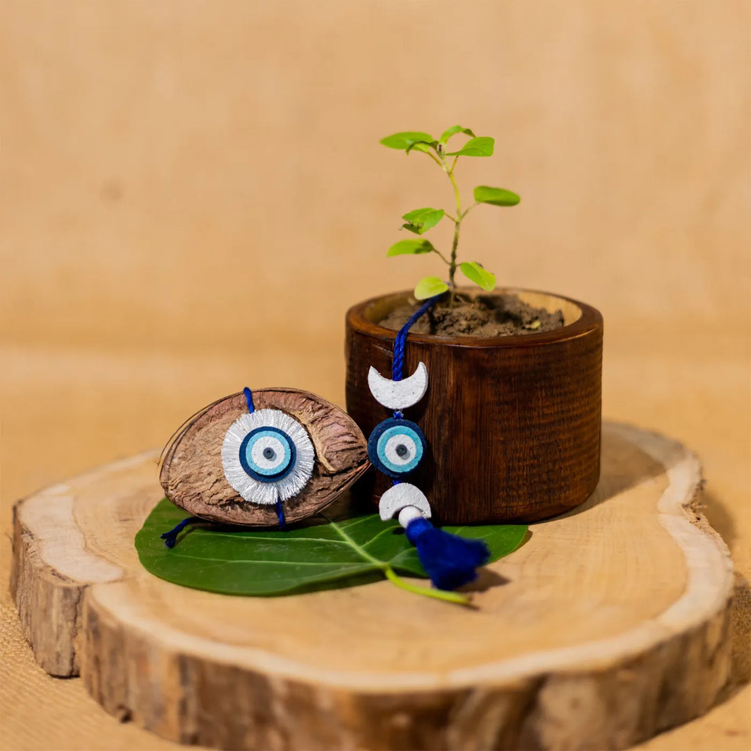 Nazarbattu Plantable Handmade Cork Rakhi Hamper With Roli Chawal 1 - Rakhi and planter with sprout