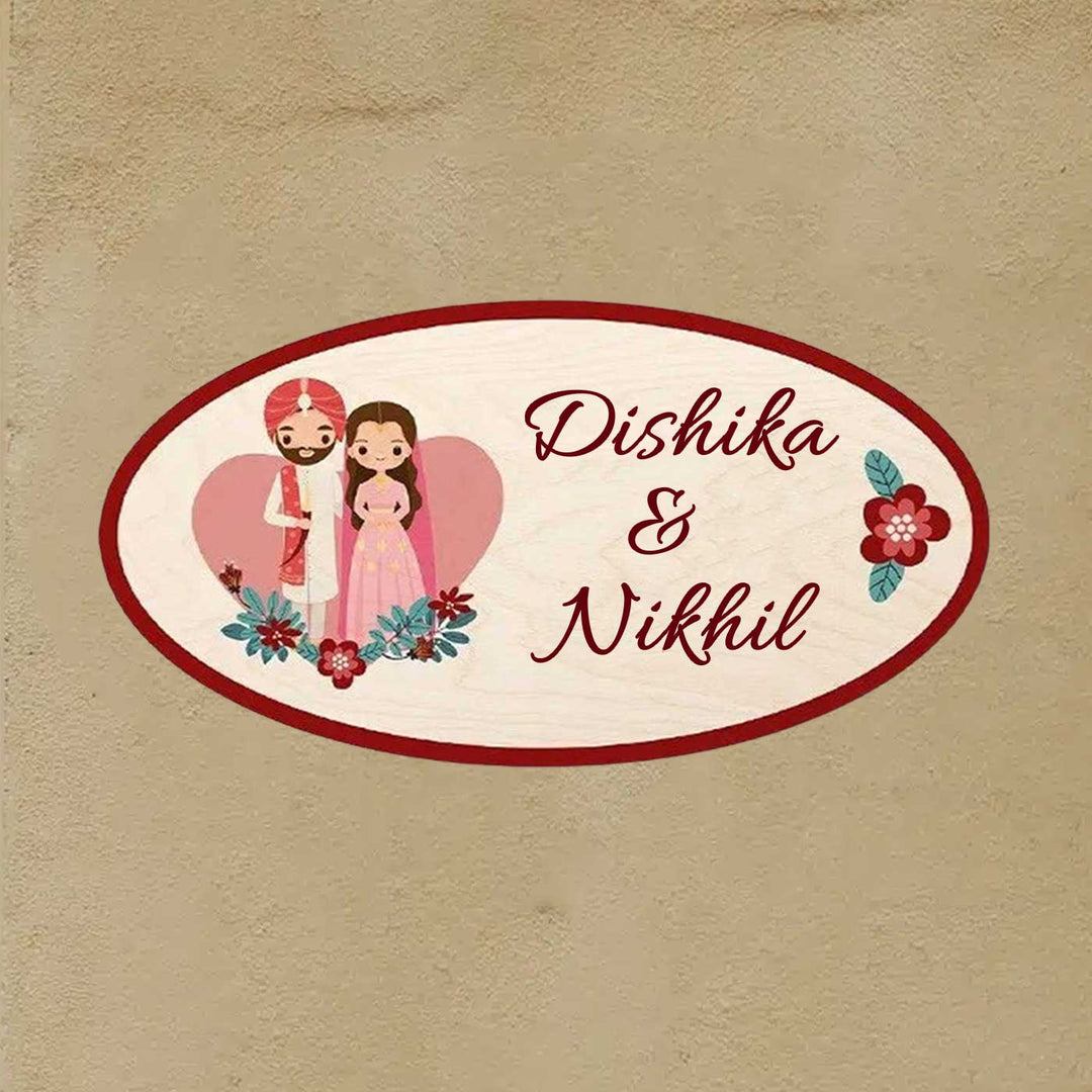Printed Wooden Oval Sikh Couple Nameplate For Couples - Front View with Name Personalization
