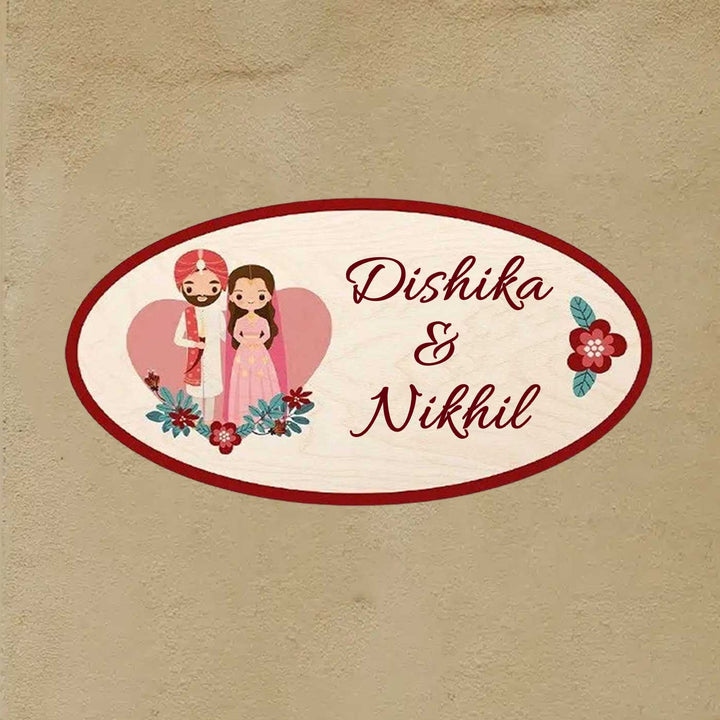 Printed Wooden Oval Sikh Couple Nameplate For Couples - Front View with Name Personalization