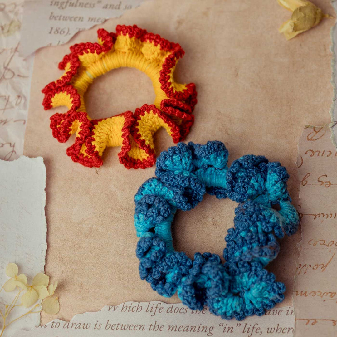 Handmade Crochet Guncha Yellow Blue Pop Cluster Scrunchie | Set Of 2