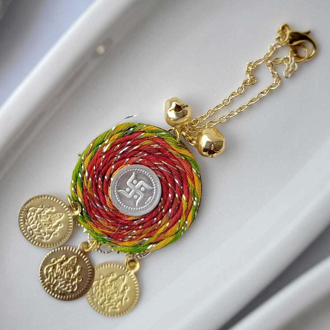 Handmade Three Swatik Coin Design Silver Rakhi Hamper With Roli Chawal For Bhaiya And Bhabhi - Pendant Close-up