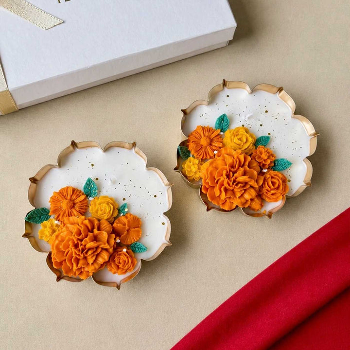 Handmade Mogra & Sandalwood Marigold Scented Soy Wax Metal Urli Candle For Festive Decor