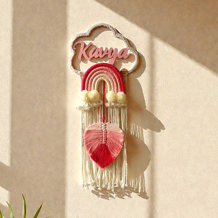 Personalized Macrame Pink Rainbow & Cloud Theme Kids Name Plate