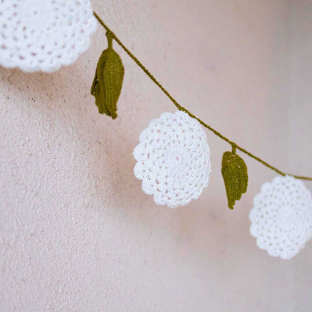 Handmade Crochet White Flower Boho Cotton Bunting - Close-up of Hanging Decorative Garland