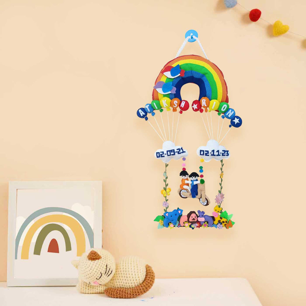 Personalized Rainbow Theme Felt Kids Name Plate For Siblings 2 - Hanging Nursery Decor Display