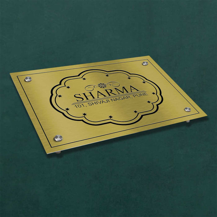 Personalized Weatherproof Sleek Engraved Gold Stainless Steel Name Plate - Angled Top View with Mount Screws