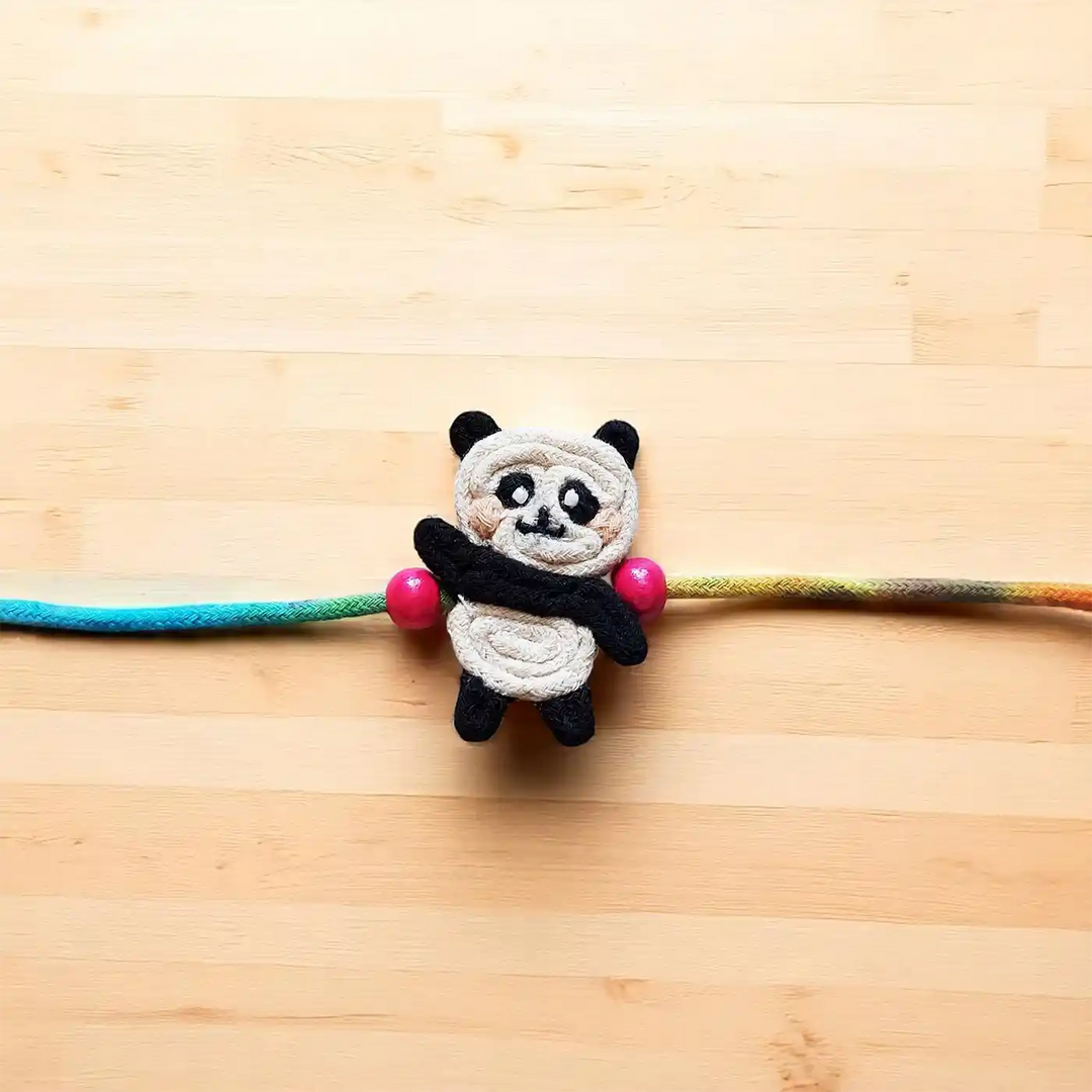 Handmade Dori Work Cute Panda Kids Rakhi With Roli Chawal - Front View