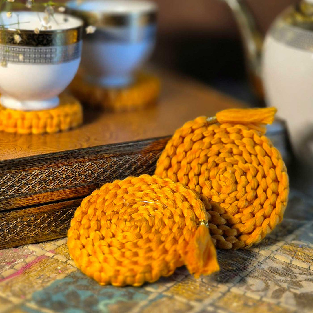 Handmade Macrame Rolled Thread Design Cotton Coaster Set