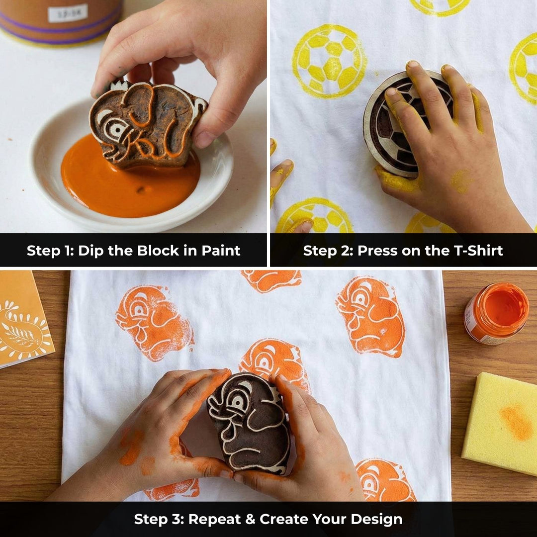 Shell Design T-shirt Block Print DIY Kit | 1 White Cotton T-shirt, 1 Fabric Paint And 1 Wooden Block