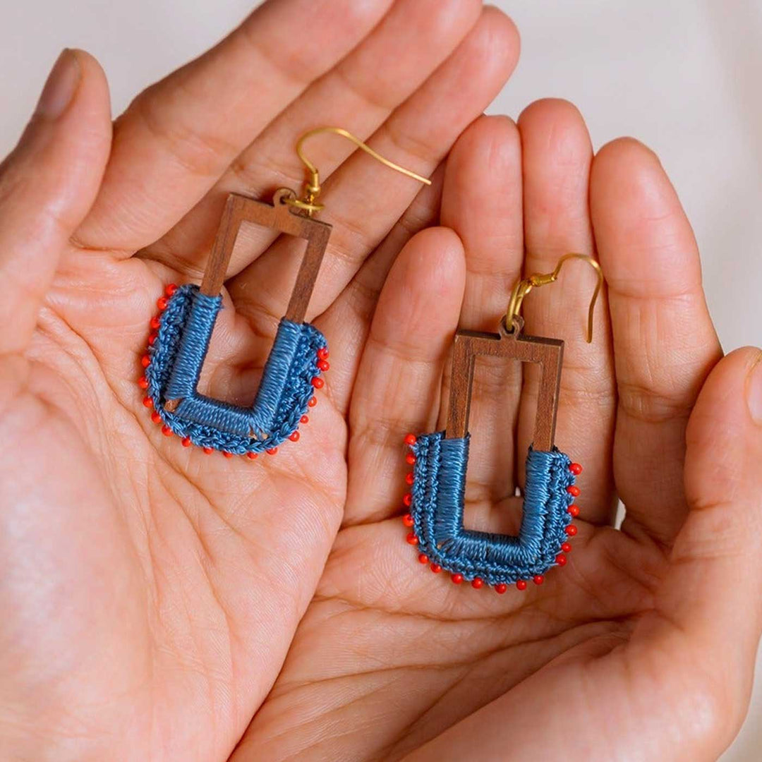 Handmade Crochet Indigo Rectangle Loop Earrings