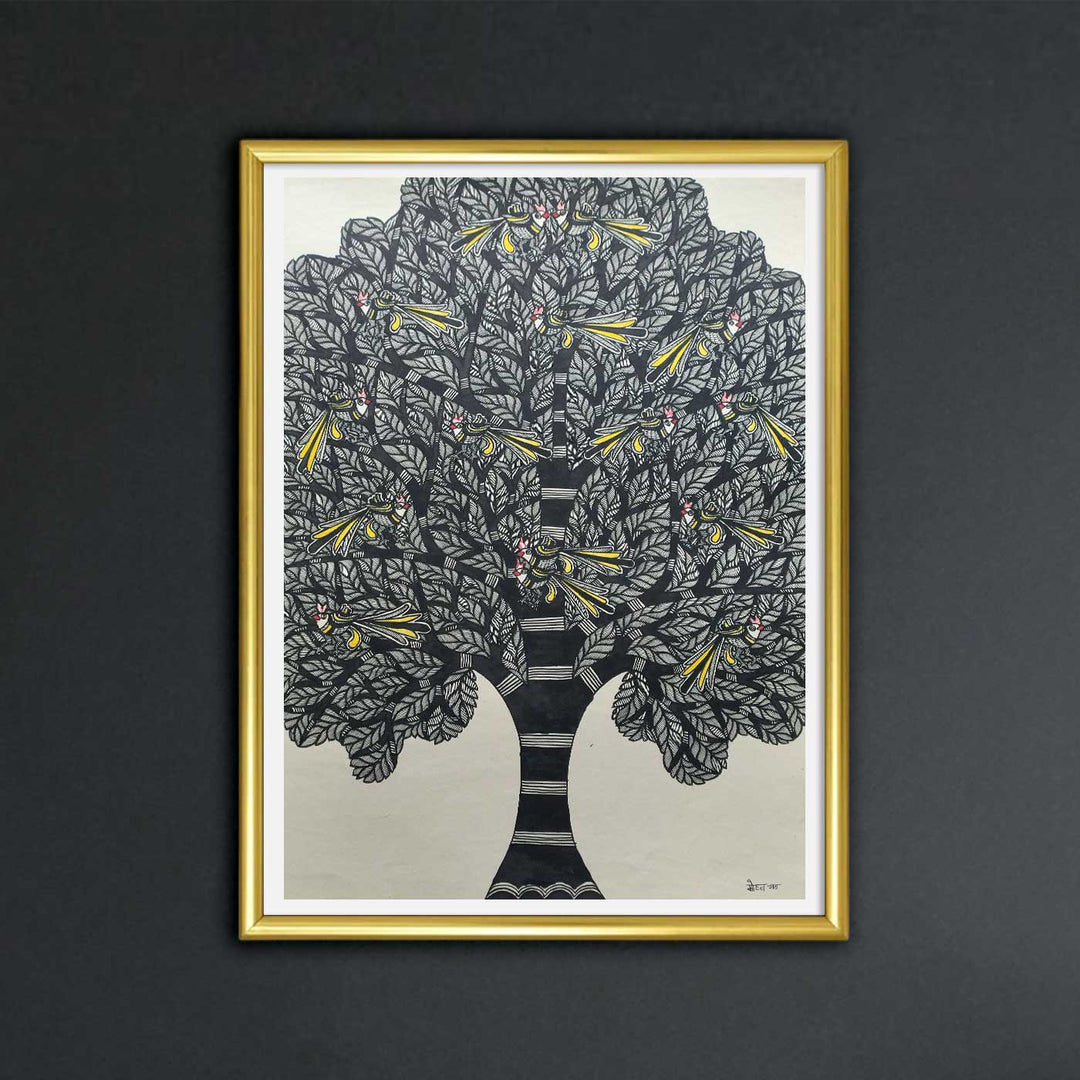22 x 30 Inch | Birds In Tree | Original Hand Painted Madhubani Painting | Natural Pigments On Paper