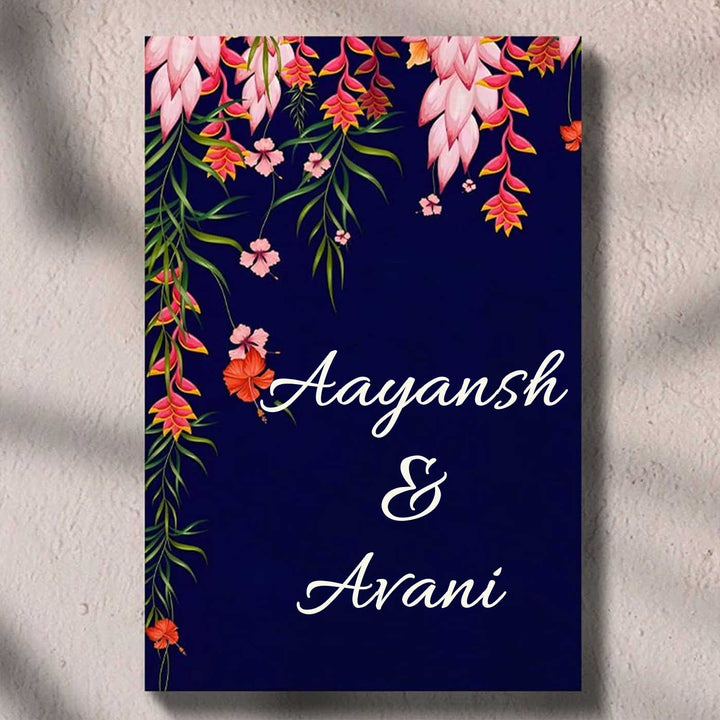 Printed Dark Blue Spring Floral Wooden Vertical Nameplate - Mounted on Wall with Shadows