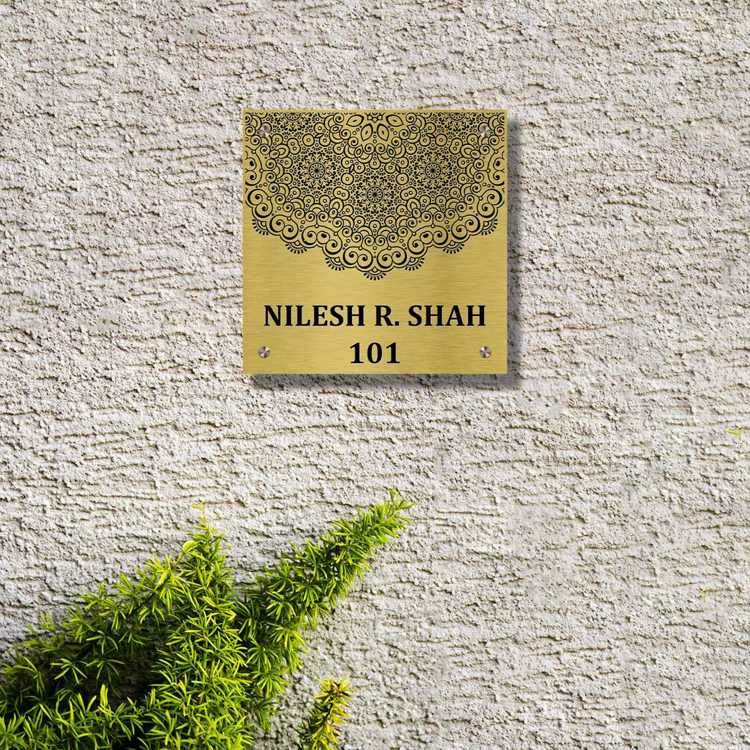 Personalized Engraved Square Gold Stainless Steel Name Plate - Mounted on Exterior Wall