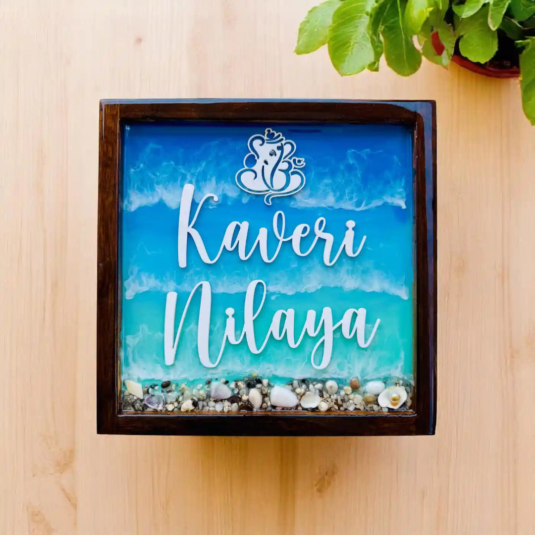 Blue Personalized Beach Effect Framed Square Resin Name Plate | With 3D Acrylic Letters