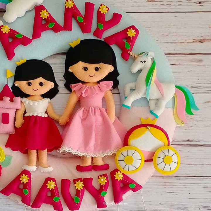Personalized Princess Theme Felt Kids Name Plate For Siblings - Name Personalization with Decorative Dolls
