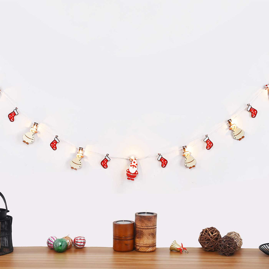 3 m, 14 Bulbs | Decorative Pine Wood Snowman & Santa LED Fairy Light