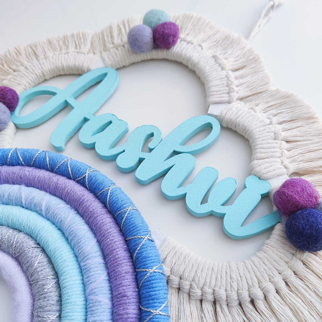 Personalized Handmade Macrame Cloud Rainbow Kids Name Plate With 3D Letters