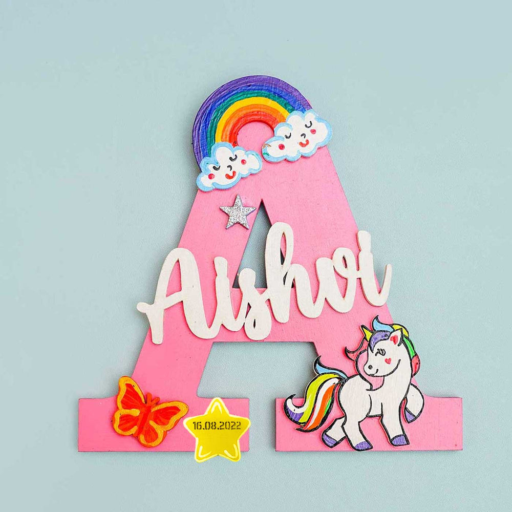 Hand Painted Personalised Kids Unicorn Rainbow Themed Monogram Name Plate - Front View with Decorations and Personalization