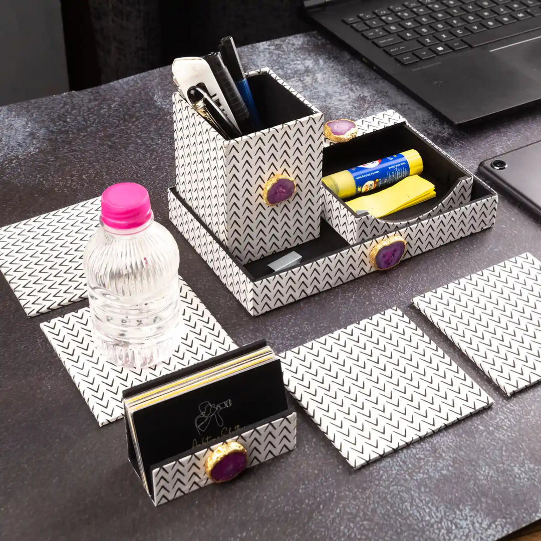 Black And White Cotton Fabric Coated MDF Desk Organiser Set With Agate Accents