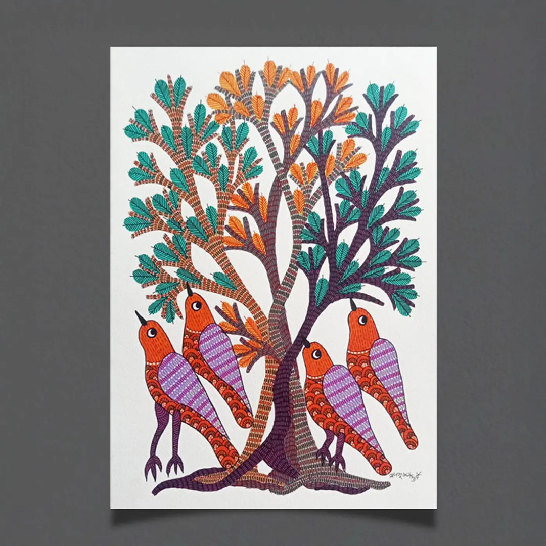 11 x 16 Inch | Birds Resting Under Tree | Original Hand Painted Tribal Gond Art Painting | Acrylic Paint On Paper