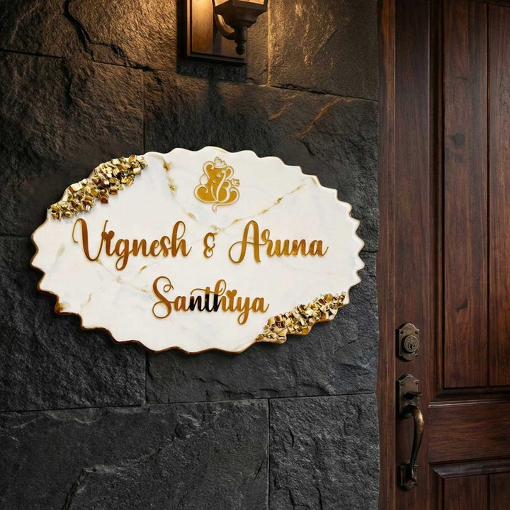 White & Gold Personalized Marble Effect Oval Resin Name Plate | With 3D Acrylic Letters & Gold Stone Embellishment