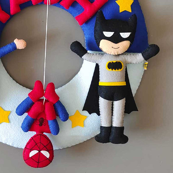 Personalized Superhero Theme Felt Kids Name Plate For Siblings - Close-up of Hanging Plush Toys