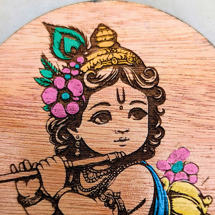 Engraved & Hand-Painted Flute Krishna Mahogany Wood Fridge Magnet