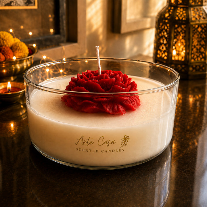 Crimson Bloom Red Basket Diwali Gift Hamper With Red Flower Soy Wax Candle And German Silver Tealight Holder For Festive Gifting